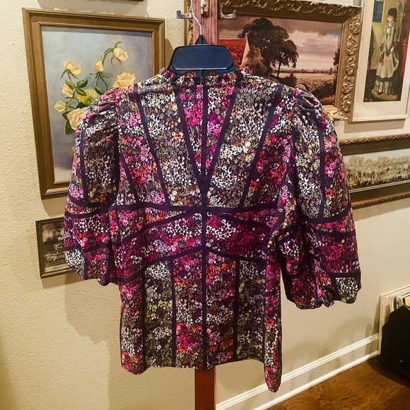 Anthropologie Caballero Celeste puff sleeve floral cotton top SZ XS black pink - Picture 9 of 10